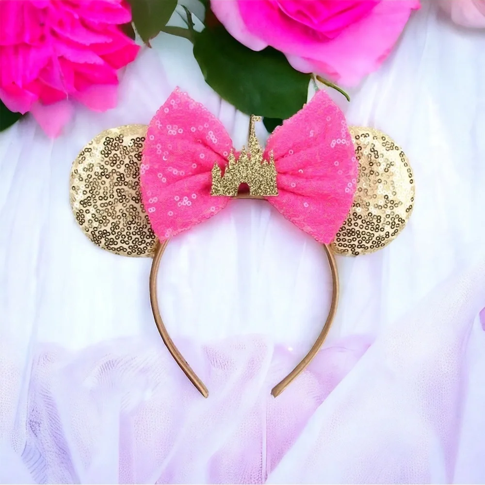 Pink and Gold Mouse Ears with Castle Sequin Bow - Brand New!
